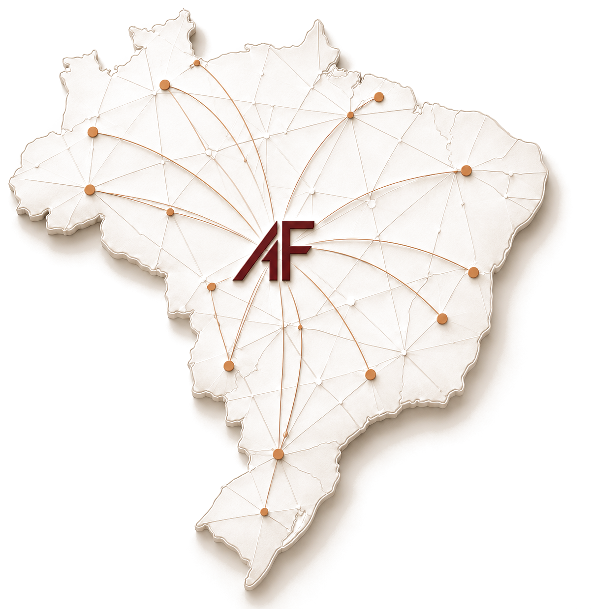 Mapa do Brasil com pontos de atuação do Alves e Fadel Advocacia em todo o país
